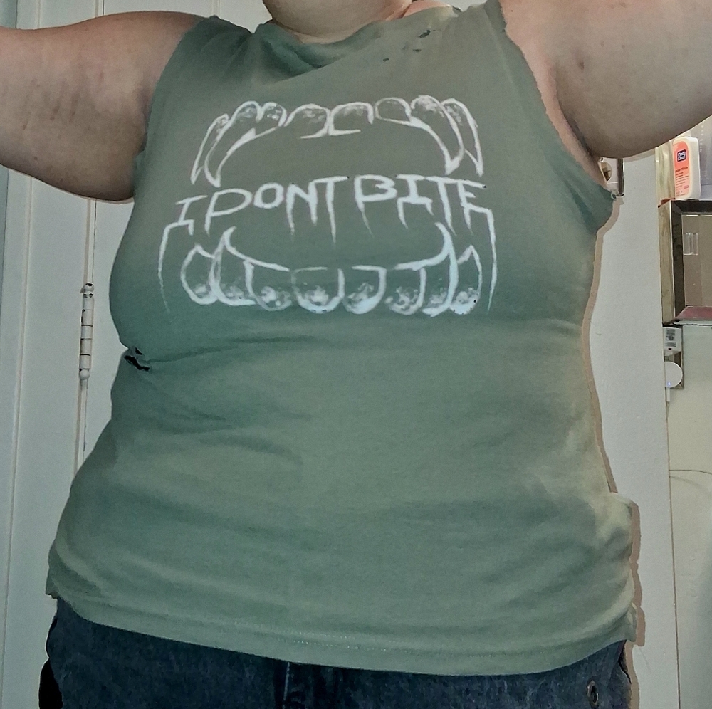 Large Olive Green Distressed Graphic Tank Top with White Fang Print